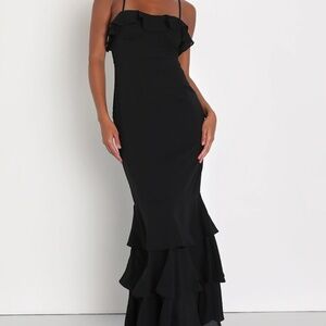 Charming Endearment Black Lace-Up Trumpet Maxi Dress - LULUS